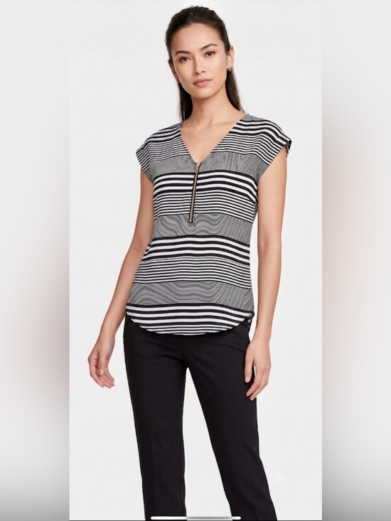 Express Tops - Express Striped Zip Front V-Neck Blouse Top Black White XS
